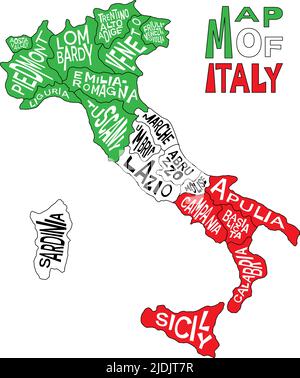 Italienische Karte mit Namen der Verwaltungsprovinzen - Abruzzen, Aostatal, Apulien, Basilikata, Kalabrien und mehr. Landkarte von Italien mit Infografik zur Region Stock Vektor