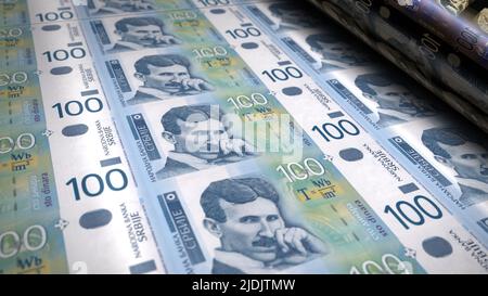 Serbischer Dinar Gelddruck 3D Illustration. RSD-Banknotendruck. Konzept von Finanzen, Bargeld, Wirtschaftskrise, Unternehmenserfolg, Rezession, bank, Steuer und Stockfoto