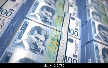 Serbischer Dinar Gelddruck 3D Illustration. RSD-Banknotendruck. Konzept von Finanzen, Bargeld, Wirtschaftskrise, Unternehmenserfolg, Rezession, bank, Steuer und Stockfoto