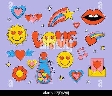 Set aus Retro groovigen Elementen, niedlichen funky hippy, Liebe Aufkleber. Niedlicher Schriftzug Love im groovigen Stil. Positive Retro-Hand mit verspieltem Gesicht geschrieben Stock Vektor