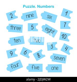 Puzzle drucken und schneiden schiefe Zahlen, Vektor-Illustration, Englisch Sprache Praxis Stock Vektor