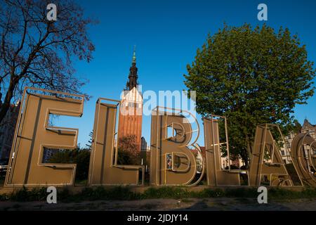 I Love Elblag Schild und St. Nikolaus Kathedrale in der Altstadt von Elblag, Polen © Wojciech Strozyk / Alamy Stock Photo Stockfoto