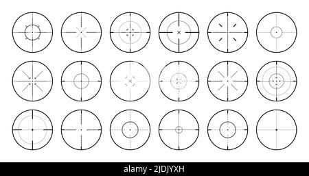 Verschiedene Scharfschützengewehr Visiere, Waffe optischen Scope Fadenkreuz. Sucher für Jagdwaffen. Symbol für das Aufschießzeichen, zielen. Militärisches Zielschild. Spieloberfläche Stock Vektor