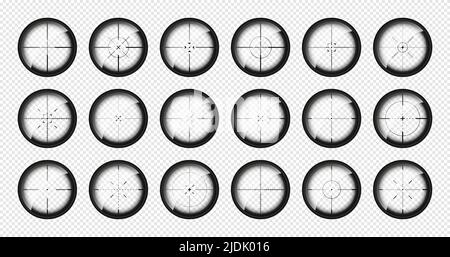 Verschiedene Waffenvisiere, Scharfschützengewehr optische Scopes. Jagdgewehr-Sucher mit Fadenkreuz. Ziel, schießen Marke Symbol. Militärisches Zielzeichen, Silhouette Stock Vektor