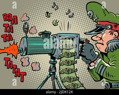 Krieg. Der Generalmilitarist schießt Soldaten wie Kugeln aus einem Maschinengewehr Stock Vektor