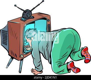 Zombie-Fernsehzuschauer. Lebensmittelpropaganda. Fake News Media tv Stock Vektor