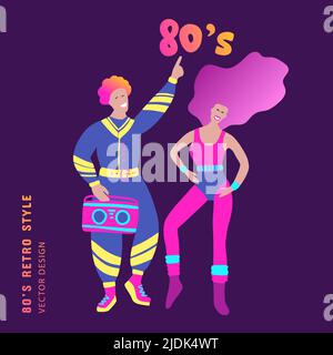 80s Retro Musik Party Frau und Mann Clipart. Cartoon Charakter Mensch Vektor-Karte. Stock Vektor