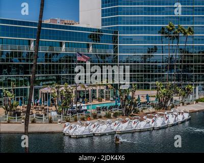 LONG BEACH, KALIFORNIEN - 21. April 2022: Long Beach ist bekannt für seine Attraktionen am Wasser, darunter die Queen Mary. Es werden mehrere Sportarten angeboten Stockfoto