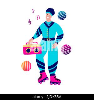 80s Retro Musik Party Mann und Plattenspieler Clipart. Cartoon Junge Charakter Mensch Vektor-Karte. Stock Vektor