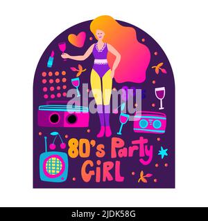 80s Mädchenposter. Stank Frau mit Cocktail Retro Vektor Illustration. Flacher Party-Druck im Cartoon-Stil Stock Vektor