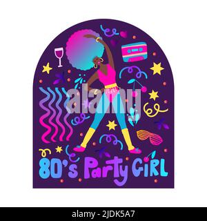 80s Aerobic, Fitness Girl Poster. Streich Frau Retro Vektor Illustration. Flacher Party-Druck im Cartoon-Stil Stock Vektor