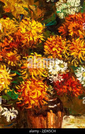 Impressionistischer Stil Ölgemälde mit einem Strauß Chrysanthemen. Strukturierte Pinselstriche. Stockfoto