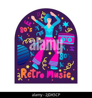 80s-Mann-Poster. Streich Junge Retro Vektor Illustration. Flacher Party-Druck im Cartoon-Stil Stock Vektor