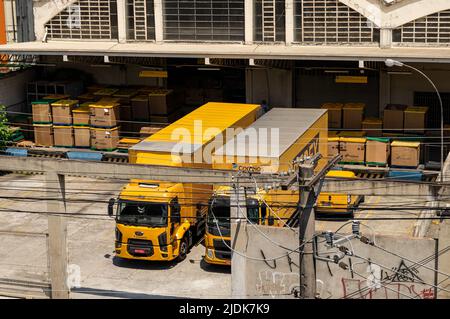 Gelbe SEDEX-Lieferwagen parkten hinter dem Correios-Paketzustellungszentrum und warteten auf Ladung an der Ladebucht im Bezirk Agua Branca. Stockfoto