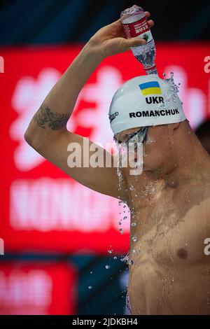 Budapest, Ungarn. 21.. Juni 2022. Mykhailo Romantschuk aus der Ukraine wird vor dem Freestyle-Finale der Herren 800m bei den FINA-Weltmeisterschaften 19. in Budapest, Ungarn, am 21. Juni 2022 gesehen. Quelle: Meng Dingbo/Xinhua/Alamy Live News Stockfoto