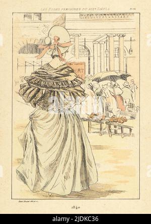 Modische Dame im Theater de l'Ambigu-Comique auf dem Blvd. Saint-Martin, Paris, 1840. Sie trägt eine Haube, Jacke mit vollen Ärmeln und Volants, volle Röcke. Handkolorierte Trockenpunkt- oder pointe-Seche-Radierung von Henri Boutet aus Les Modes feminines du XIXeme Siecle (feminine Mode des 19.. Jahrhunderts), Ernest Flammarion, Paris, 1902. Boutet (1851-1919) war ein französischer Künstler, Kupferstecher, Lithograph und Designer. Stockfoto