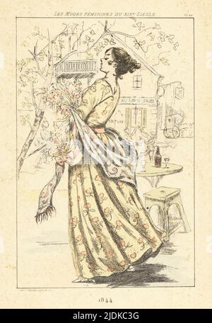 Eine modische Dame mit einem Blumenstrauß vor dem Restaurant Au Lapin Saute, Paris, 1844. Handkolorierte Trockenpunkt- oder pointe-Seche-Radierung von Henri Boutet aus Les Modes feminines du XIXeme Siecle (feminine Mode des 19.. Jahrhunderts), Ernest Flammarion, Paris, 1902. Boutet (1851-1919) war ein französischer Künstler, Kupferstecher, Lithograph und Designer. Stockfoto