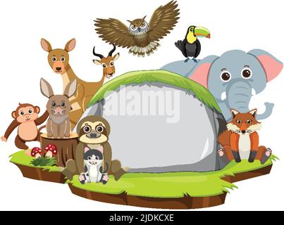 Wilde Tiere mit leerem Brett Vorlage Illustration Stock Vektor