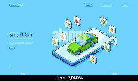 Isometrische Landing Page für Smart Car. Autonomes Automobil steht auf dem Smartphone-Bildschirm. Futuristische Technologie, selbstfahrendes intelligentes Autopilot-Fahrzeug, Innovation City Transport, 3D Vektor-Webbanner Stock Vektor