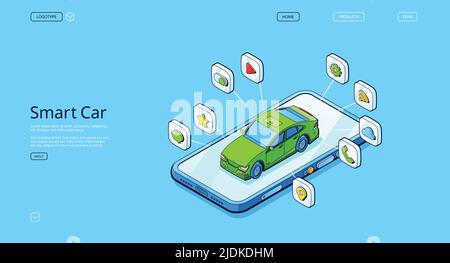 Isometrische Landing Page für Smart Car. Autonomes Automobil steht auf dem Smartphone-Bildschirm. Futuristische Technologie, selbstfahrendes intelligentes Autopilot-Fahrzeug, Innovation City Transport, 3D Vektor-Webbanner Stock Vektor