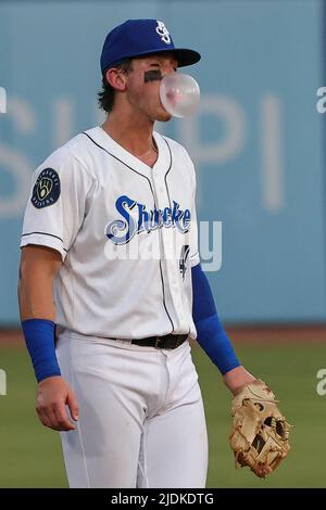 Biloxi, Mississippi, USA. 21.. Juni 2022. Biloxi Shuckers-Feldspieler Cam Devanney (4) genießt während eines MiLB-Spiels zwischen den Biloxi Shuckers und Pensacola Blue Wahoos im MGM Park in Biloxi, Mississippi, seinen Kaugummi zwischen den Schlagern. Bobby McDuffie/CSM/Alamy Live News Stockfoto