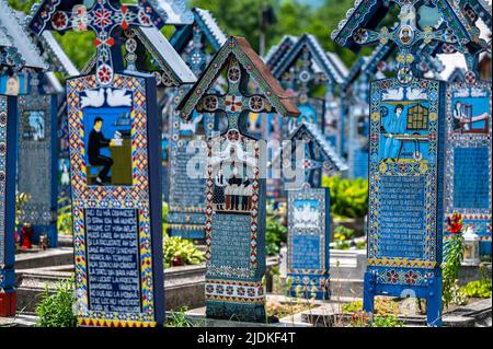 Sapanta, Maramures, Rumänien - 17. Juni 2022: Bemalte blaue Holzdenkmäler in einem einzigartigen in der Welt 'Merry Cemetery'. Stockfoto