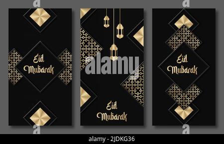 Eid mubarak Grußkarten Set. Eid Urlaubseinladungen Vorlagen Kollektion mit Goldschriftzug. Vektorgrafik Stock Vektor