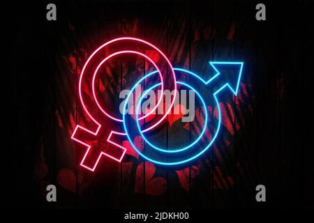 Venus und Mars Rosa und Blau Geschlecht-Symbol Neon Zeichen auf einem dunklen Herzen verziert hölzerne Wand 3D Illustration. Stockfoto