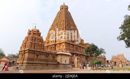 INDIEN, TAMILNADU, THANJAVUR, 2022. März, Anhänger des Brihadeeswarar-Tempels, Big Temple, UNESCO-Weltkulturerbe Stockfoto