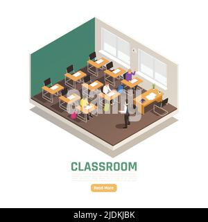Studenten und Dozent in High School Klassenzimmer isometrische Zusammensetzung 3D Vektor-Illustration Stock Vektor