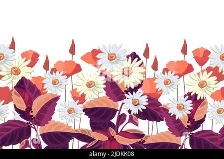 Vektor florales Nahtloses Muster, Rand. Horizontales Panorama-Design mit Gänseblümchen, orangen und burgunderroten Blüten und Blättern auf weißem Hintergrund. Stock Vektor