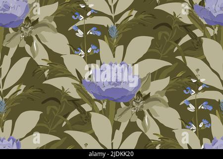 Vektor-Nahtloses Blumenmuster. Blaue Pfingstrosen mit grünen Blättern auf khakifarbenem Hintergrund. Stock Vektor