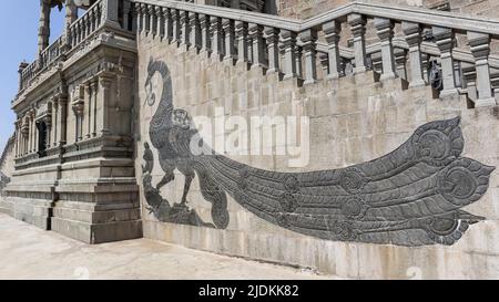 Wandgemälde gemalter Pfau an der Wand des Murugan-Tempels, Dorf Panpoli, Tenkasi, Tamilnadu, Indien. Stockfoto