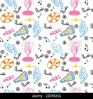 Ein nahtloses Muster aus musikalischen Symbolen, handgezeichneten Doodle-Stil-Elementen. Mikrofon, CDs, Noten, moderne Kopfhörer und Tonaufnahmesymbole. Ve Stock Vektor