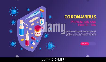 Isometrisches medizinisches Virus Coronavirus horizontales Banner mit bearbeitbarem Text und Bildern von Medikamenten, die durch Schildvektordarstellung geschützt sind Stock Vektor