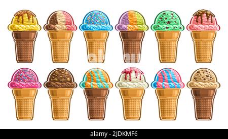 Vector Ice Cream Set, Lot Sammlung von ausgeschnittenen verschiedenen Illustrationen der Gruppe american Scoop Ball Eis in Waffelkegel, Icon-Set aus vibrierenden k Stock Vektor