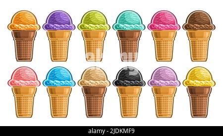 Vector Ice Cream Set, Lot Sammlung von ausgeschnittenen verschiedenen Illustrationen von Gruppe erfrischende Kugel Eis in Waffelkappen, Icon Set von bunten Stock Vektor