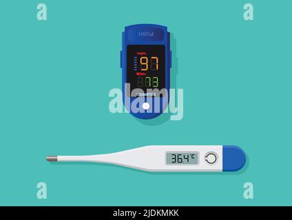 Fingertipp-Oximeter und medizinisches Digitalthermometer. Flacher Style. Vektorgrafik Stock Vektor