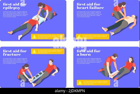 Erste-Hilfe-Behandlungsschritte für Epilepsie Fraktur brennen Herzinsuffizienz 4 isometrische Karteikarten Banner Vektordarstellung Stock Vektor