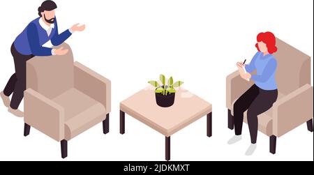 Psychologe Psychiater isometrische Zusammensetzung mit Stress Verhalten psychische Probleme Behandlung Sitzung Vektor Illustration Stock Vektor