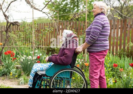 Ältere Großmutter im Rollstuhl mit Tochter im Frühling Natur Stockfoto