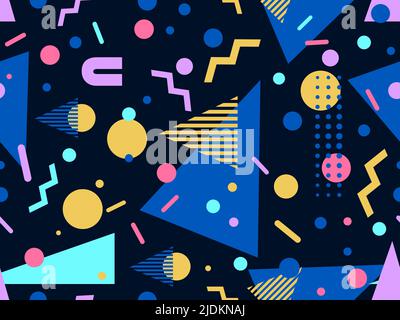 Geometrisches Nahtmuster mit memphis-Elementen im 80s Style. Farbenfrohes geometrisches Muster. Design von Werbeartikeln, Geschenkpapier und Druck Stock Vektor