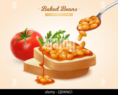 Backed Beans in Tomatensauce auf Brotscheiben realistische Werbekomposition mit Rucola Sandwich isometrischen Vektor-Illustration Stock Vektor