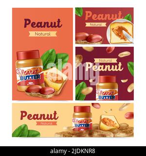 Erdnuss realistische Banner Set mit ganzen Nüssen und Snacks mit Erdnussbutter Vektorgrafik Stock Vektor