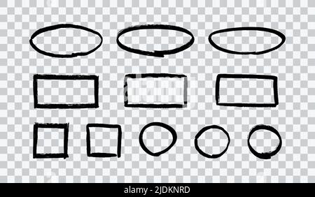 Grunge handgezeichnete Kreise, Rechtecke und Ovale. Sammlung von strukturierten, runden und quadratischen Rahmen für Hervorhebung. Kreisförmige Ränder für das Design von Bullet Journals Stock Vektor