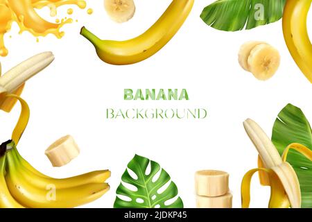 Realistische Bananenrahmen Hintergrundkomposition mit Bildern von Bananen frische Blätter Scheiben und Saft mit Text Vektor Illustration Stock Vektor