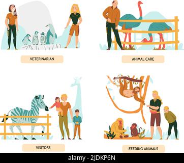 Set aus 2x2 flachen Kompositionen mit Zoobesuchern und Menschen, die Tiere beobachten, isolierte Vektorgrafik Stock Vektor
