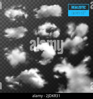 Wolken verschiedene Arten und Formen realistisch gesetzt mit stratus Cumulus gegen dunklen transparenten Hintergrund monochrome Vektor-Illustration Stock Vektor