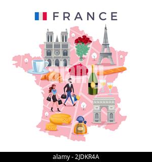 Frankreich Reisekonzept mit Flaggenkarte und Sehenswürdigkeiten flache Vektorgrafik Stock Vektor