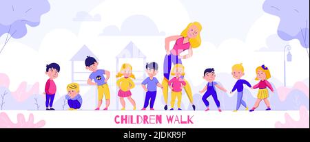 Kindergarten Walking Komposition mit Text und flachen Zeichen von Kindern mit Kindergärtnerin in Outdoor-Landschaft Vektor-Illustration Stock Vektor